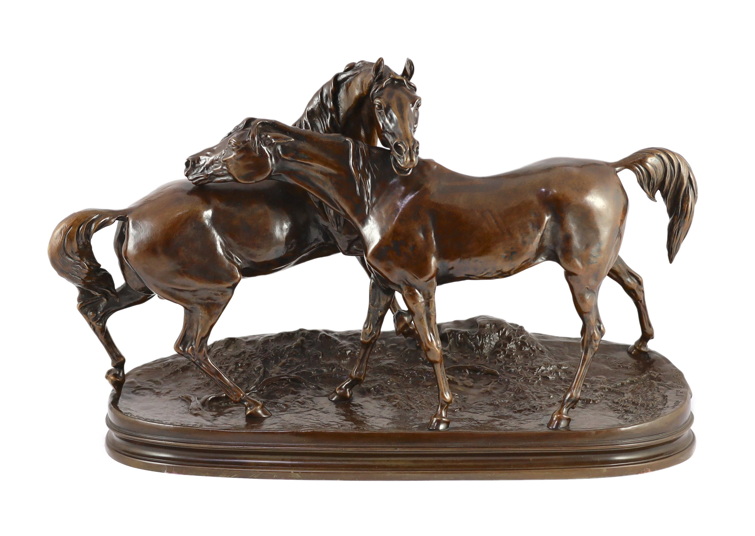 After Pierre Jules Mene (French, 1810-1879). A bronze group; L'Accolade (The Embrace), 44cm high 68cm long